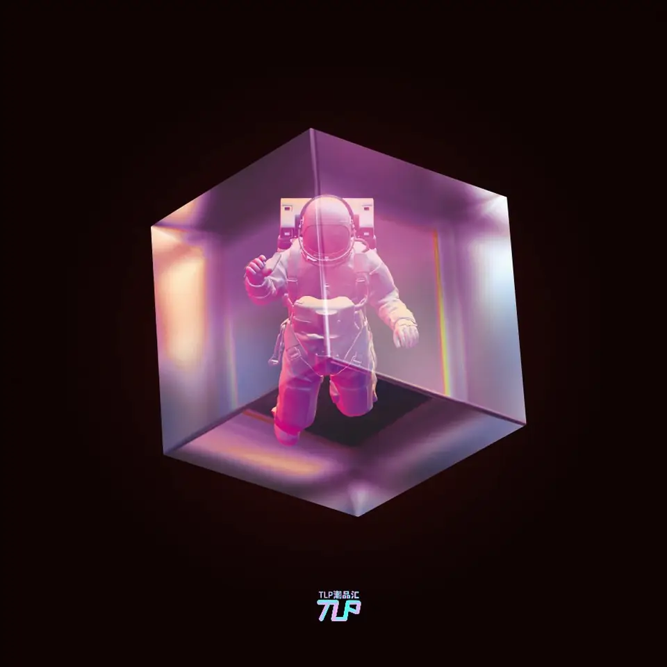 Pink astronaut crystal-cube sticker on dark background