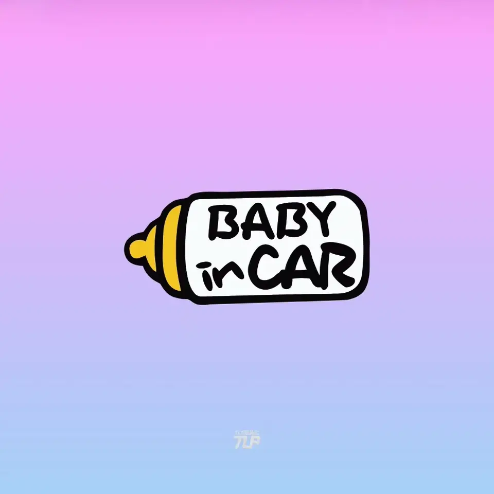 Baby in Car bottle sticker on pink and blue background