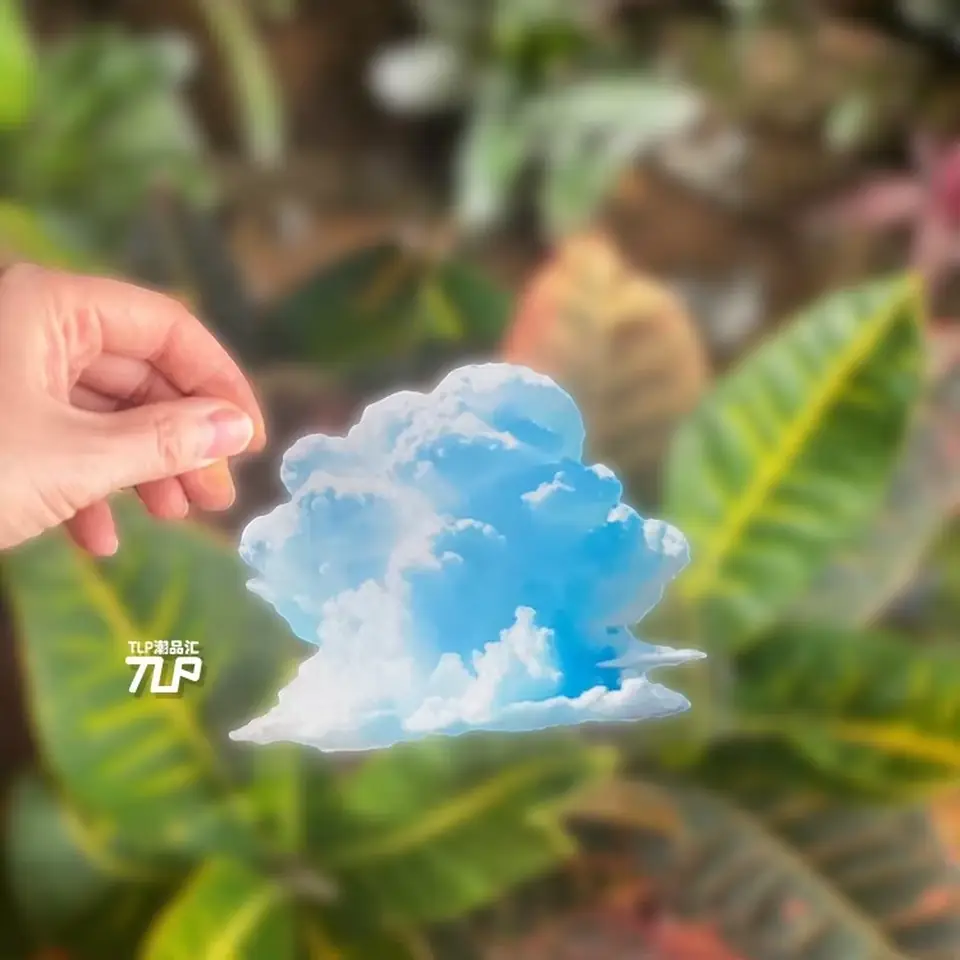 blue-sky cloud sticker held against garden background