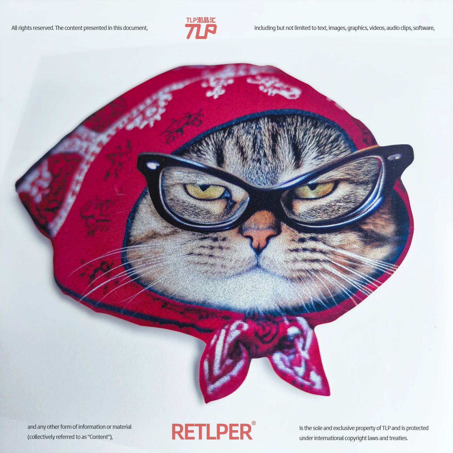 Tabby cat with glasses and a red headscarf reflective sticker