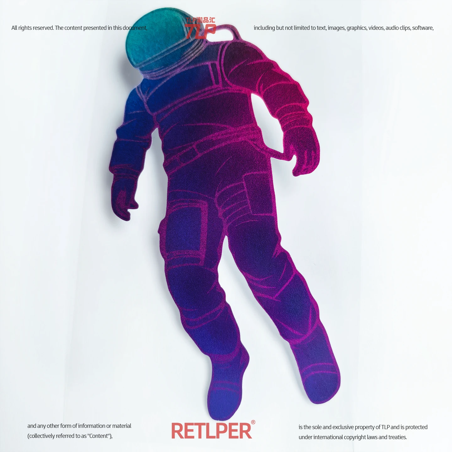 Magenta, violet and cyan floating astronaut hollow-out sticker photographed on white