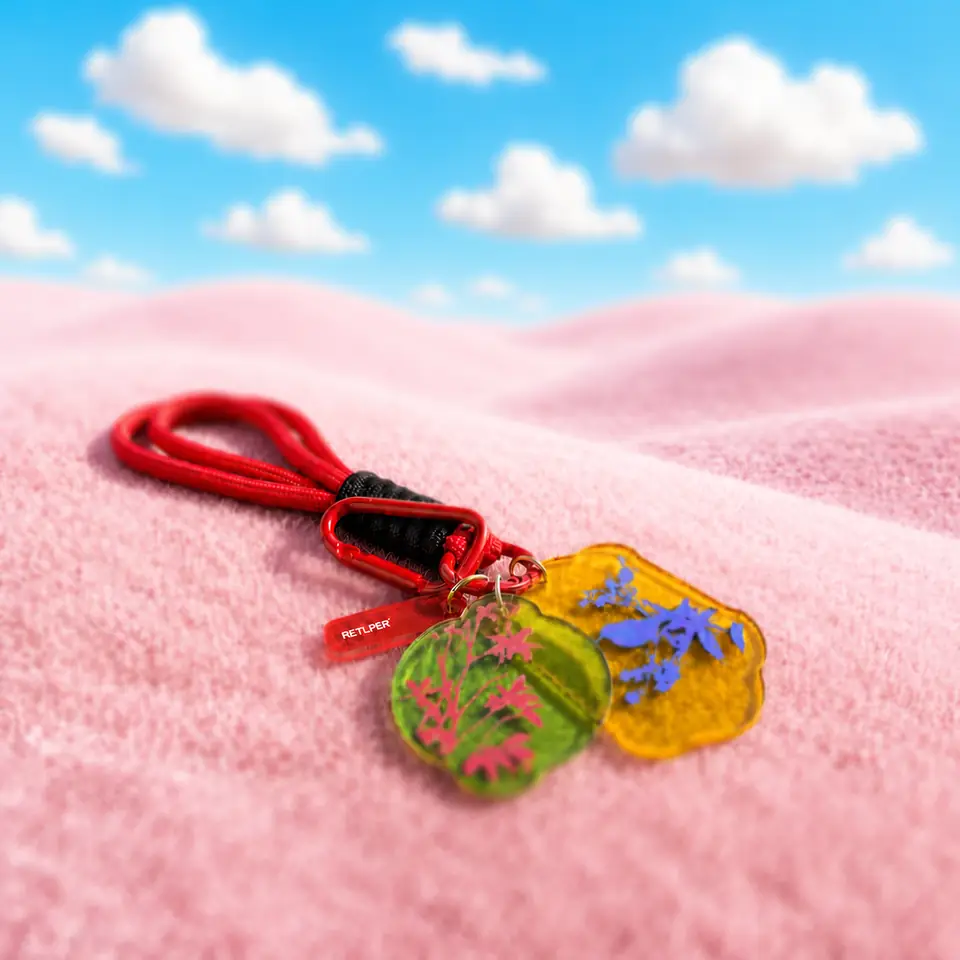 RETLPER floral and bird acrylic keychain with red strap and clip on a pink background