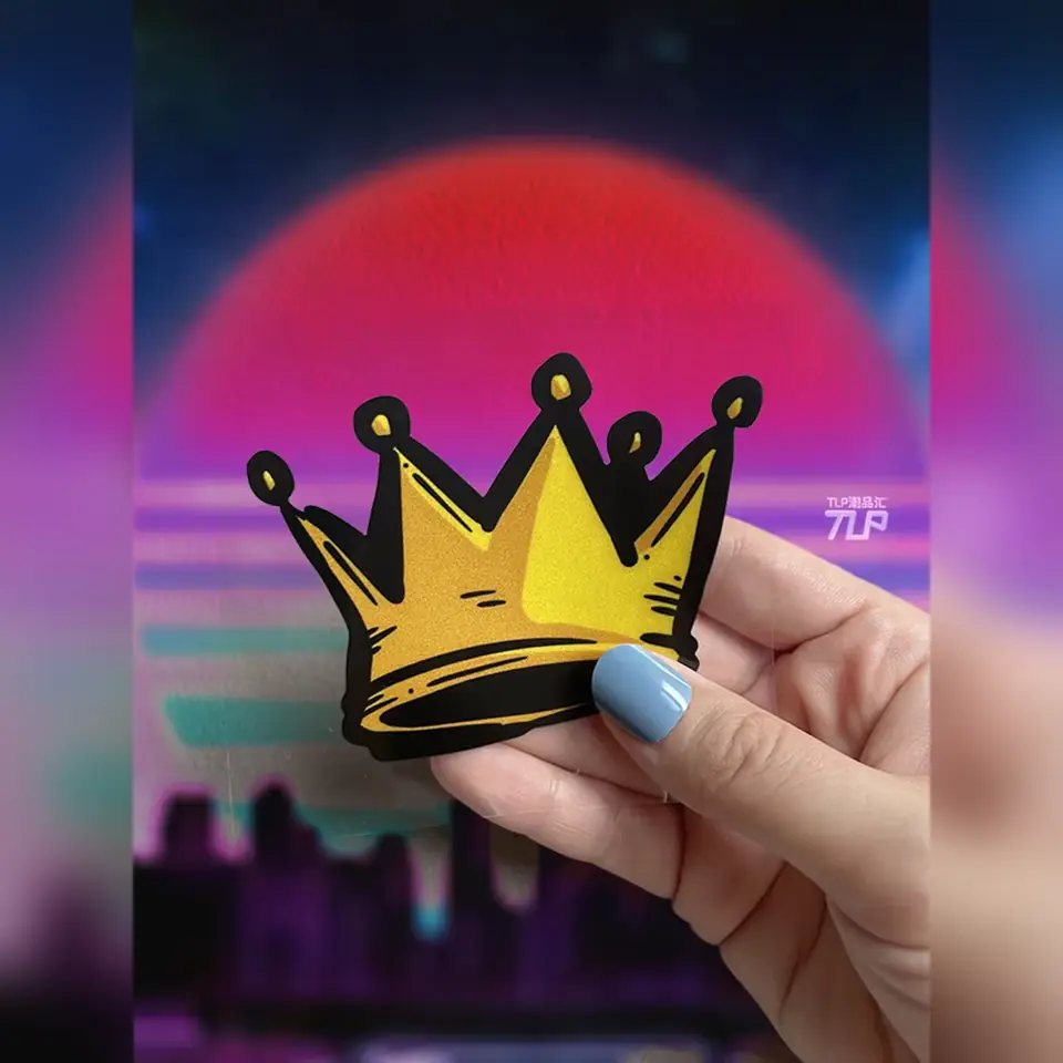 gold crown sticker neon city scene