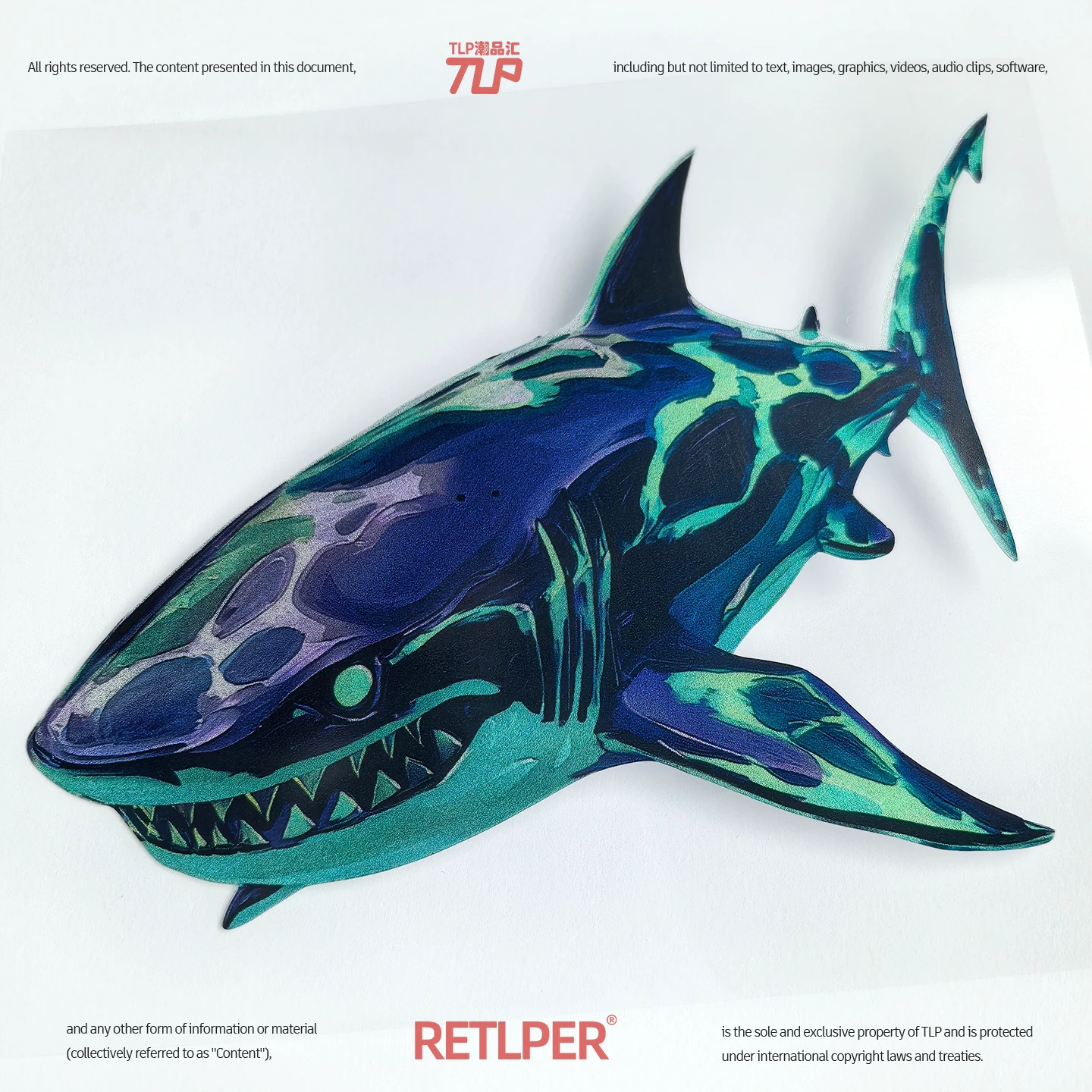 Close-up of the green and blue shark sticker artwork on white