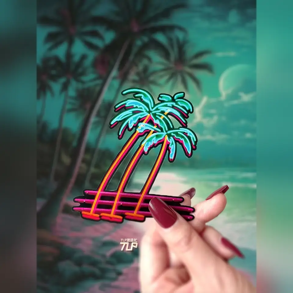 turquoise neon palm-tree sticker held at tropical beach