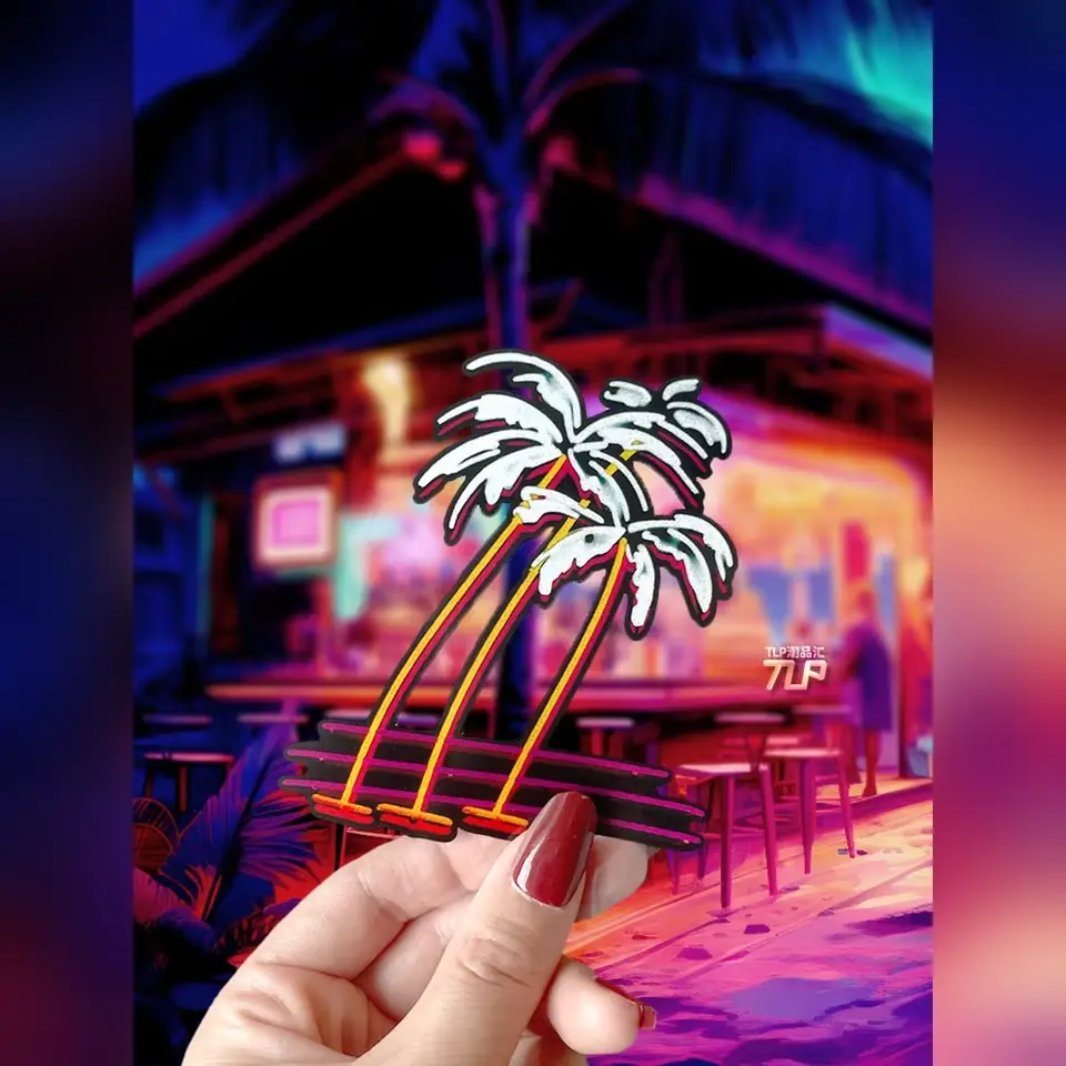 white neon palm-tree sticker held in neon beach scene