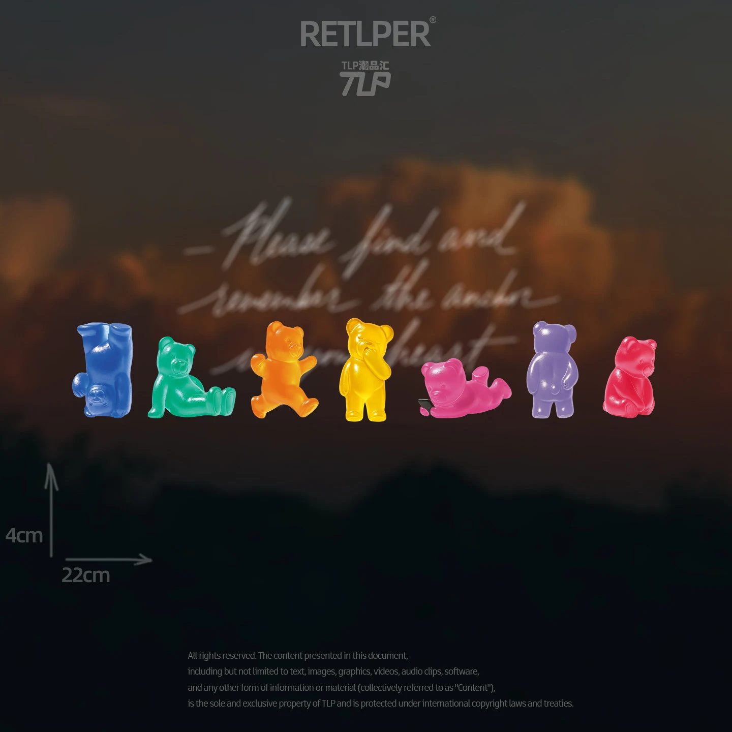 Seven colorful Little Bear Candy figures shown against a dark warm-toned background