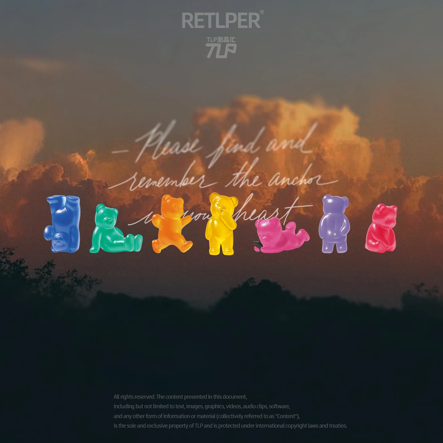 Seven colorful Little Bear Candy figures displayed in front of glowing clouds