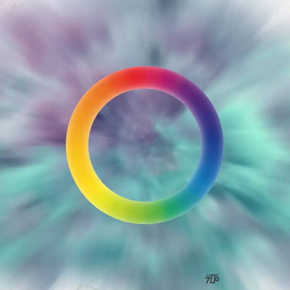rainbow ring sticker over blue abstract scene