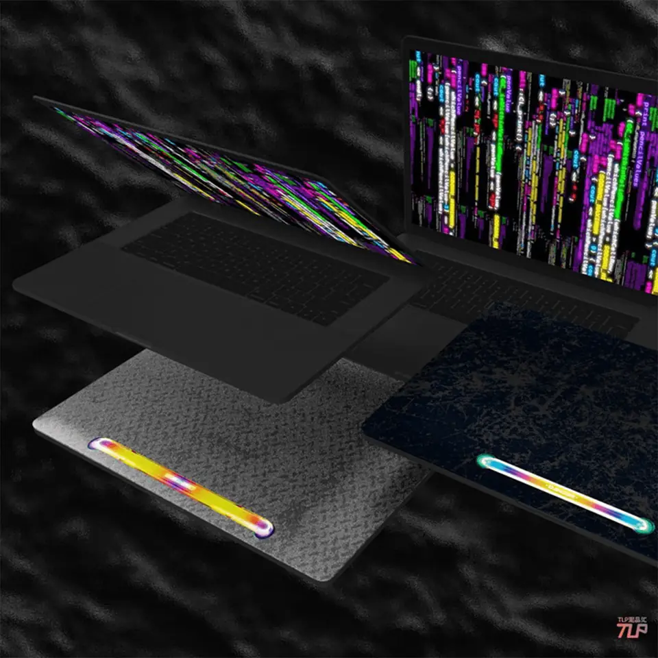 Neon-effect strip stickers on a laptop and accessories