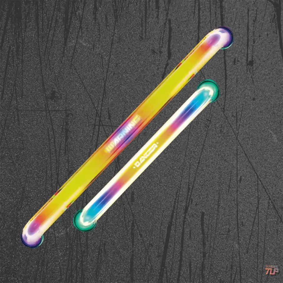 Neon-effect strip sticker pair on textured surface