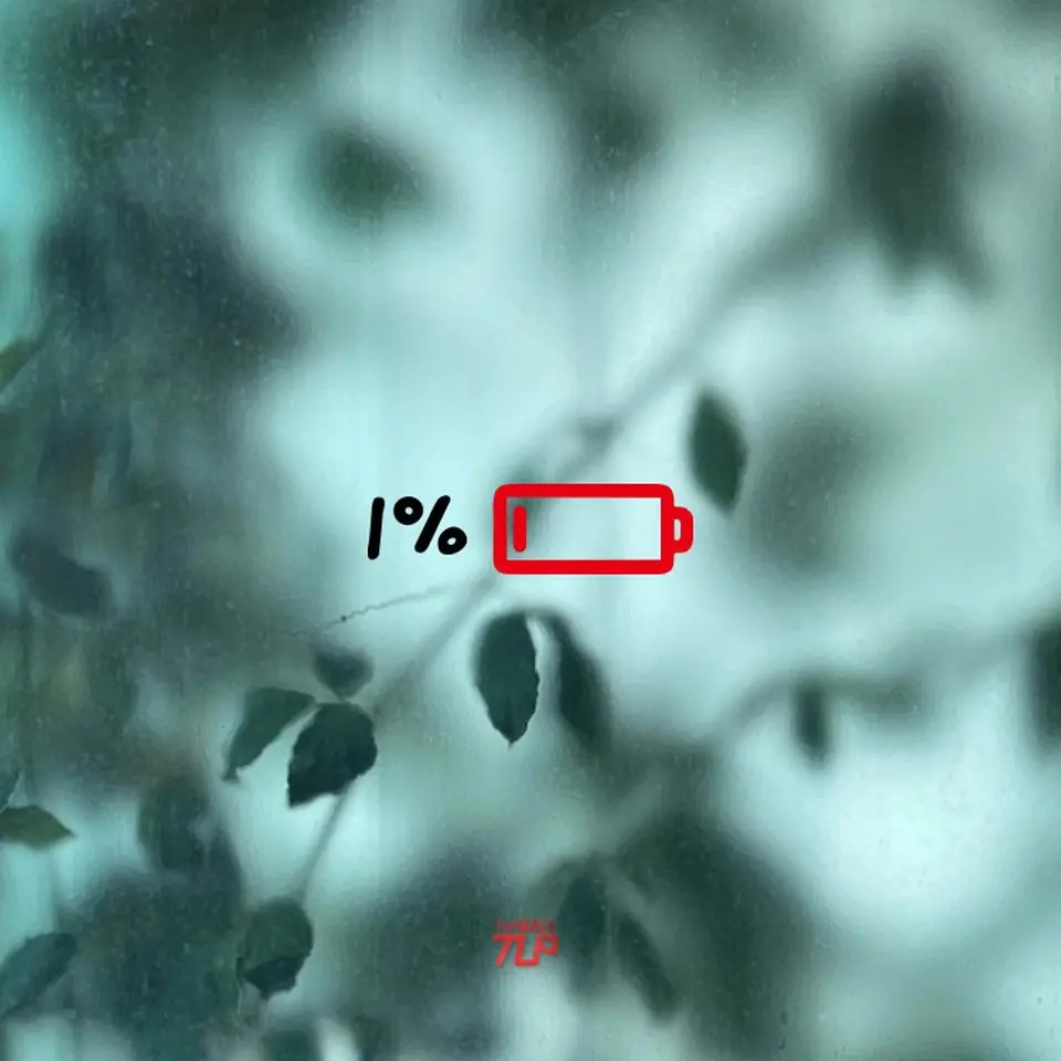 one percent battery low sticker foliage background