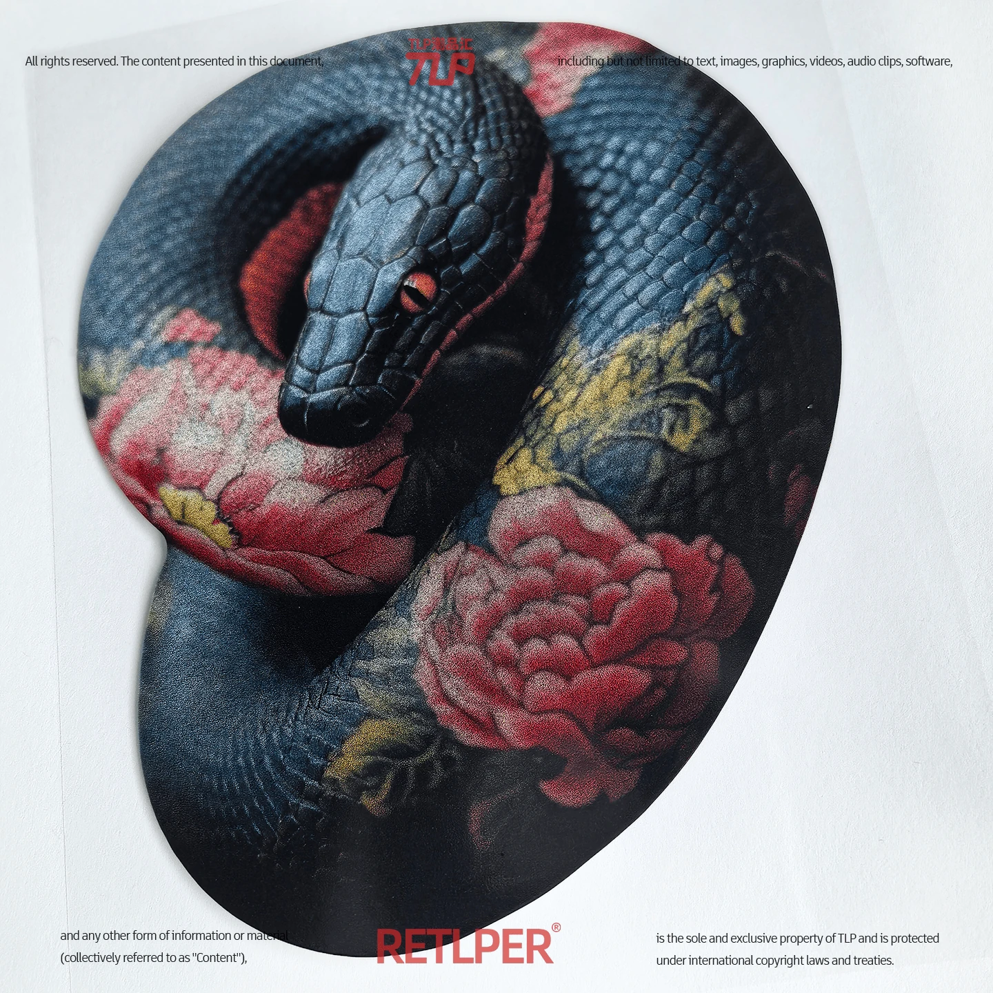 Black coiled snake with peony blossoms reflective sticker