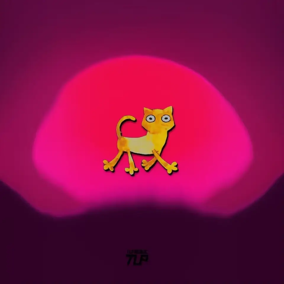 silly orange cat sticker on pink glowing background